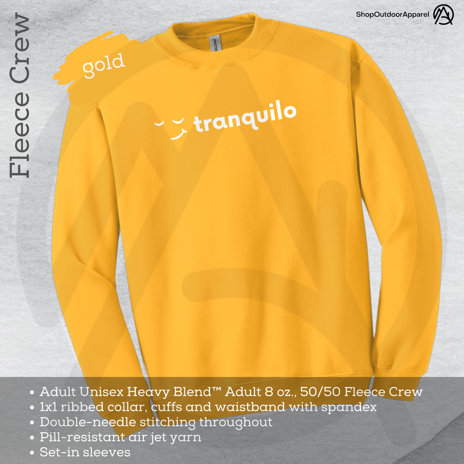 unisex fleece crew sweatshirt in gold decorated with white smiley face and text &quot;tranquilo&quot; in small caps